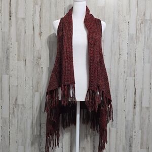 Memories  Deep Red Marled Knit Fringe Open Cardigan Vest Shawl Wrap